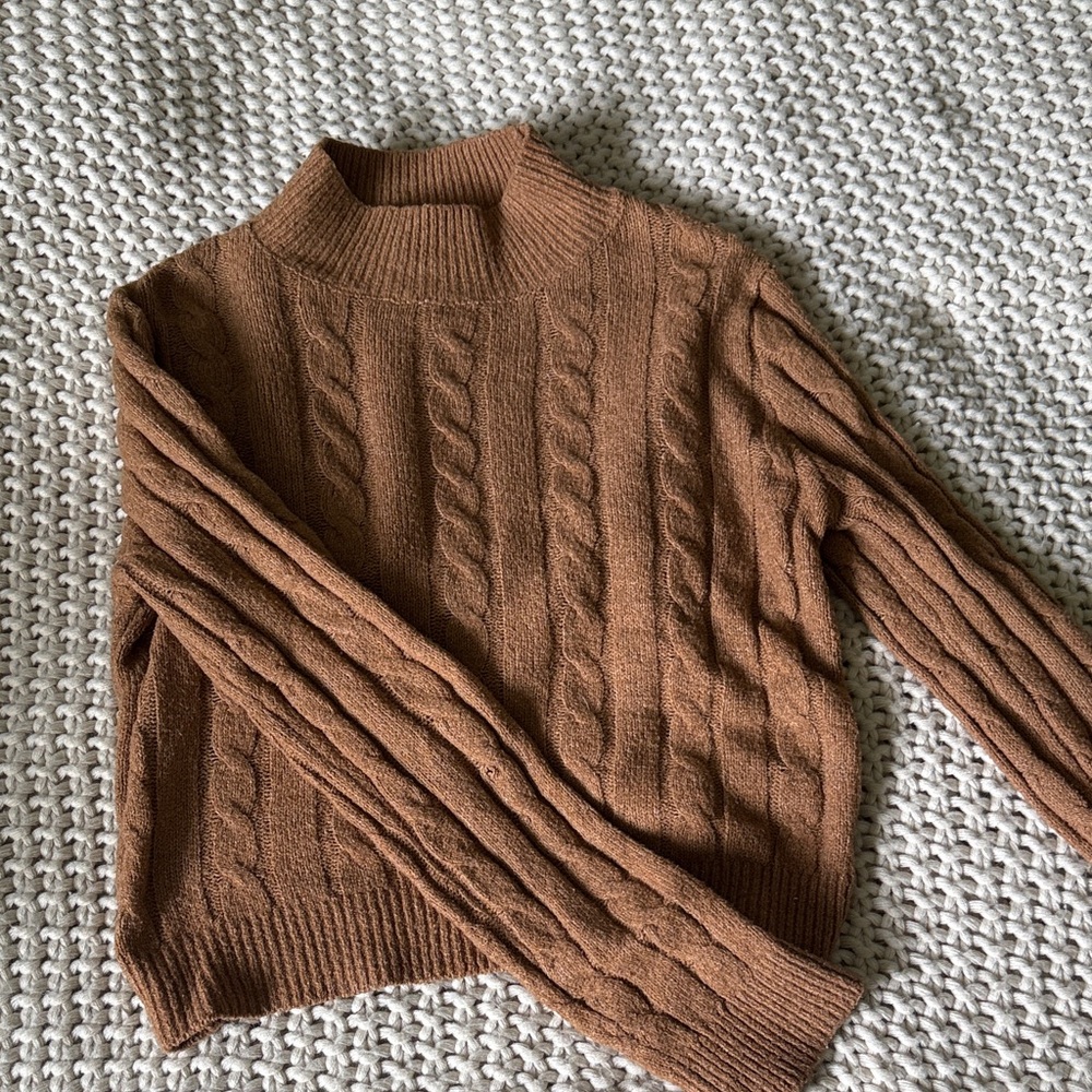 Pink Rose Cable Knit Turtleneck Sweater in Warm Brown